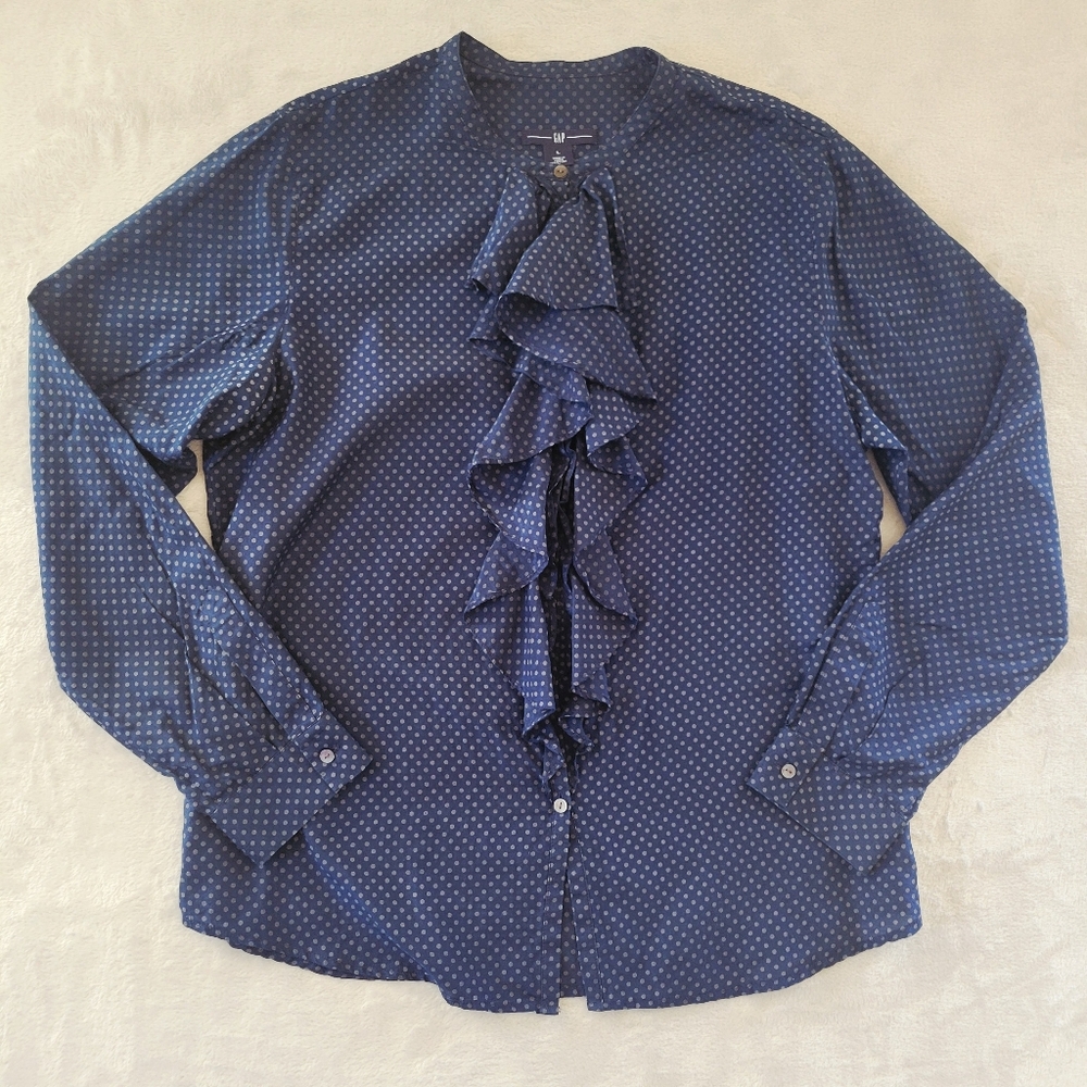 GAP Silk And Cotton Blend Ruffle Front Polka Dot Top Large